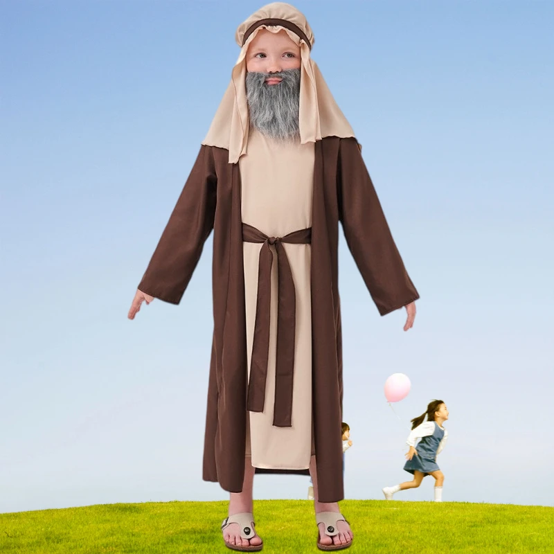 Disfraz de Cosplay de San José, Traje Bíblico de Pastor, Túnica Marrón, Pañuelo para la Cabeza, Barba, Traje para Juego de Roles, Fiesta de Halloween