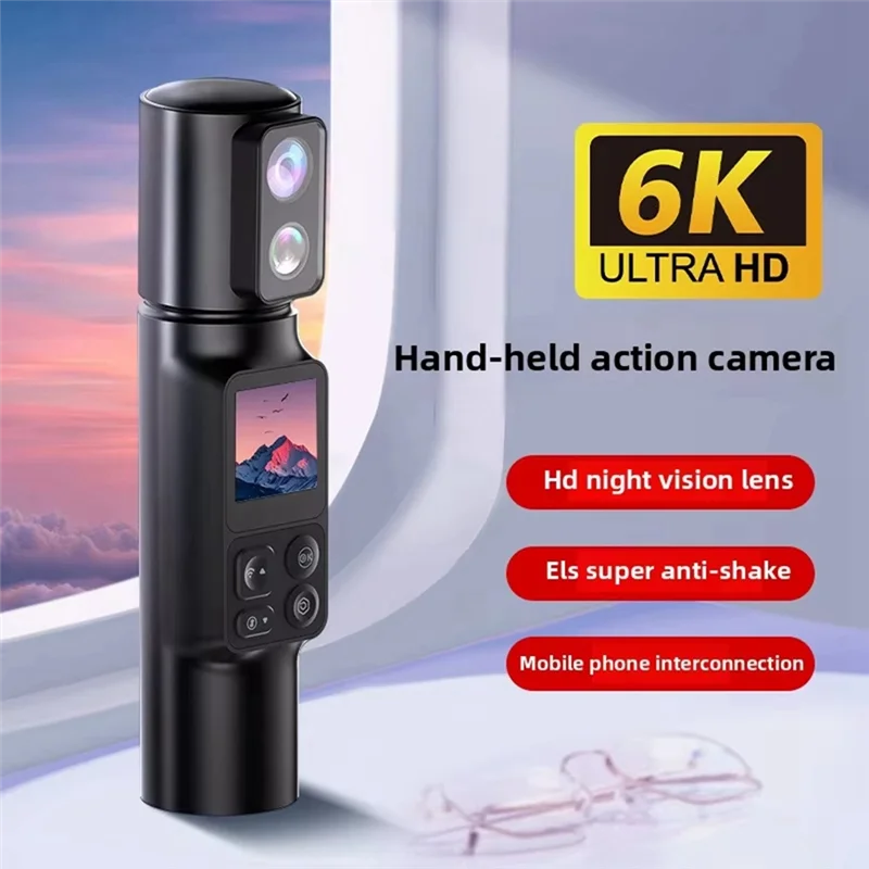 ABSY EIS 5X Zoom 6K Portable Handheld Action Camera 350° Rotatable Dual Lens Wifi Pocket Camera DV Screen Recorder