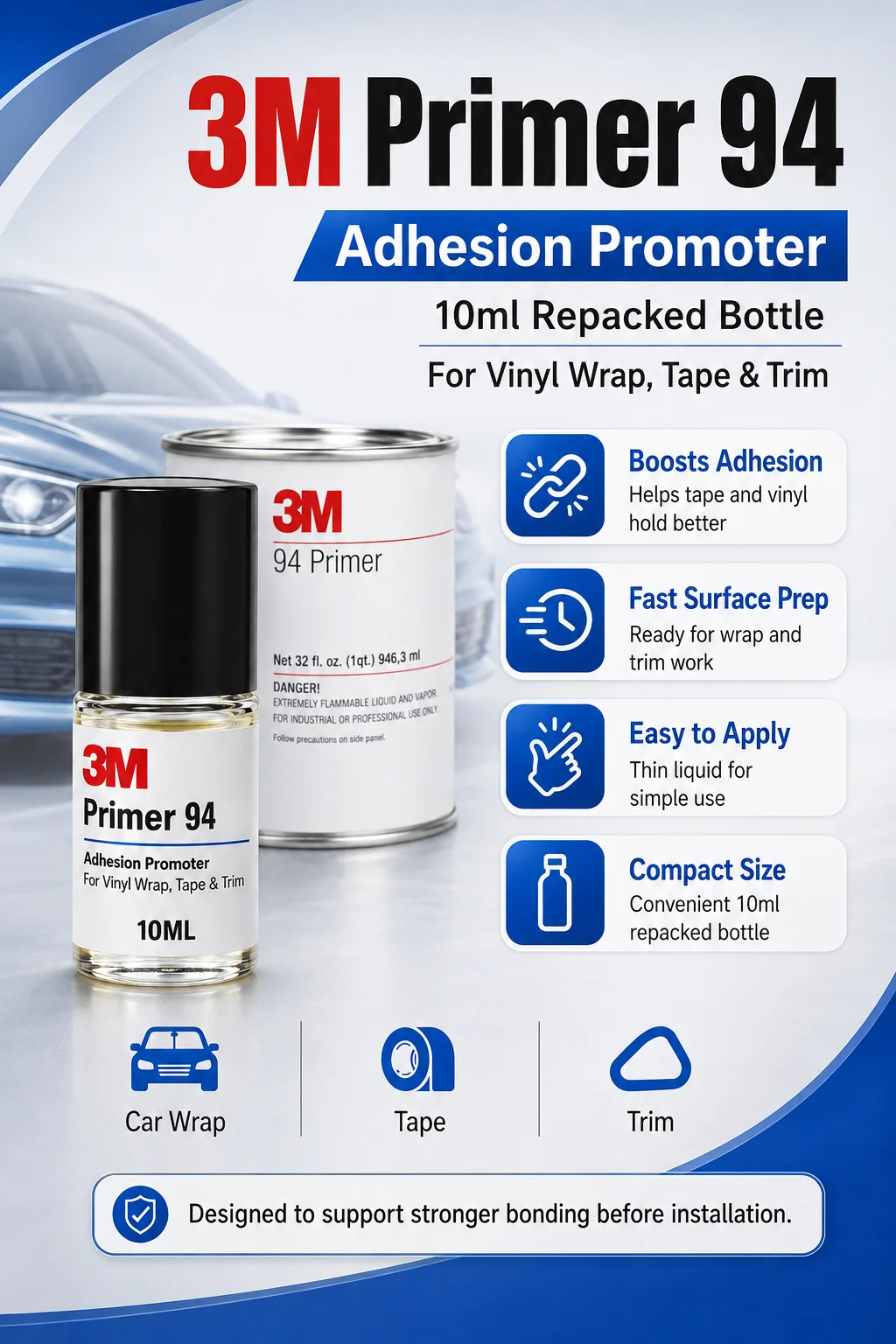 Original 3M Primer 94 Haftvermittler 10ml Nachfüllpackung Starke Haftung für Auto-Folierung Kunststoff- und Metalloberflächen – Detail 1