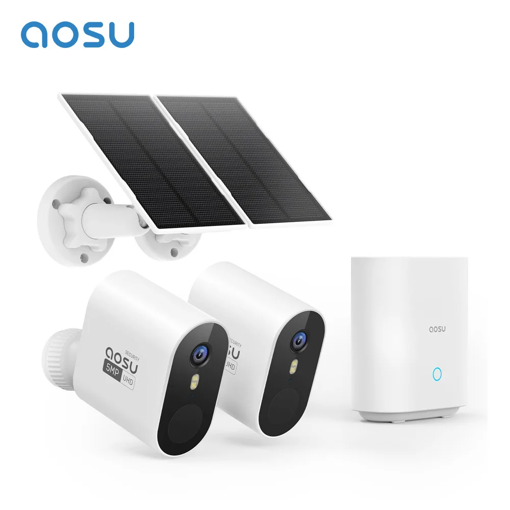 AOSU-sistema de cámara Solar inalámbrica de 5MP, Kit de 2 cámaras para exteriores, WiFi, cámara de seguridad Solar, visión nocturna en Color, conversación bidireccional