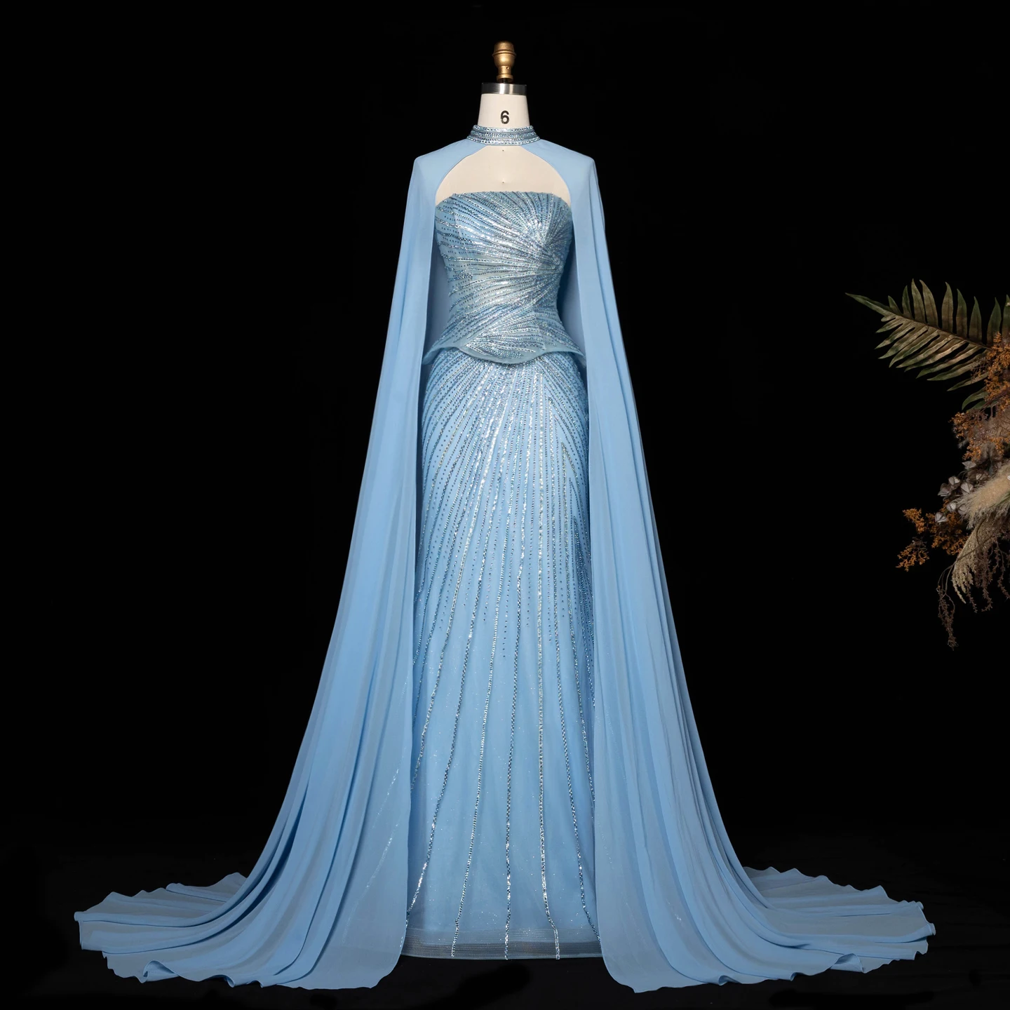 Sharon Said Luxuriöses lila Abendkleid, trägerlos, mit Kristallperlen, langer Chiffonumhang, Meerjungfrauen-Schnitt, formelles Abendkleid für besondere Anlässe, SS112 Custo – Detail 16