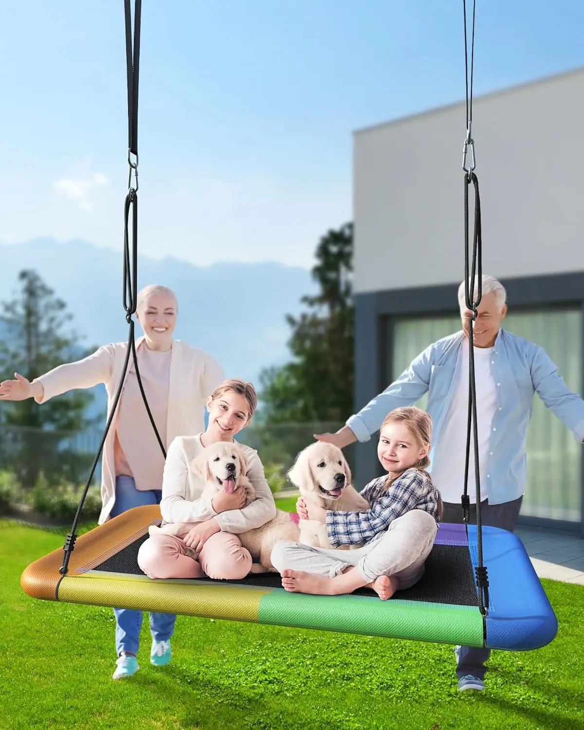 Baumschaukel für Kinder und Erwachsene, 60" wasserdichte rechteckige Plattformschaukel, 700lbs Heavy Duty mit verstellbaren Trägern, Regenbogen