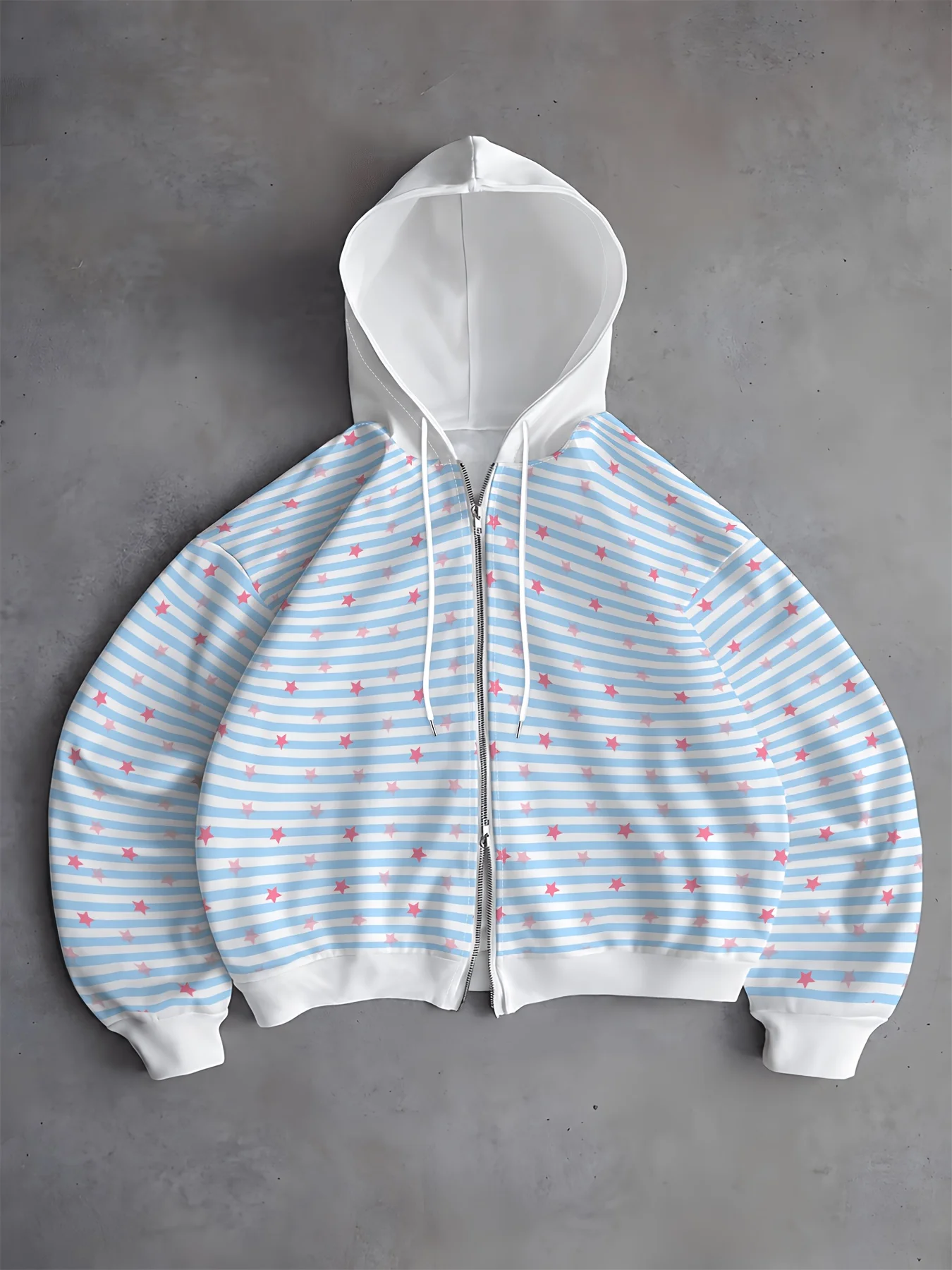 Women'S Zippered Hooded Sweatshirt,  Zippered Hoodie for Women White Background Blue And White Pinstripes Pink Star Print