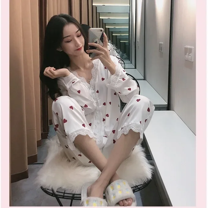 Heart Print Sweet Sleepwear Spring Trousers Sets Korean Fashion Women\'s Pajamas Lace Pijama Long Sleeve Autumn Thin Nightwear