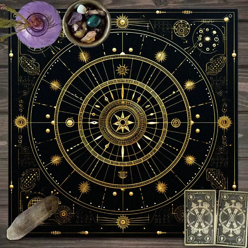Astrological Energy Tablecloth Black Gold Planets Waterproof Stain Resistant Meditation Divination