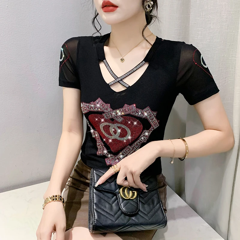 Black Summer European Style T-Shirt Chic Double Gauze Hollow Out Diamonds Women Tops Sexy Back Short Sleeve Tees 2024 New 43193