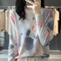 23 Autumn Winter New Woolen Sweater Women's Round Neck Long Sleeve Fine Lmitation Wool Mulberry Silk Cotton Loose Graffiti Knit