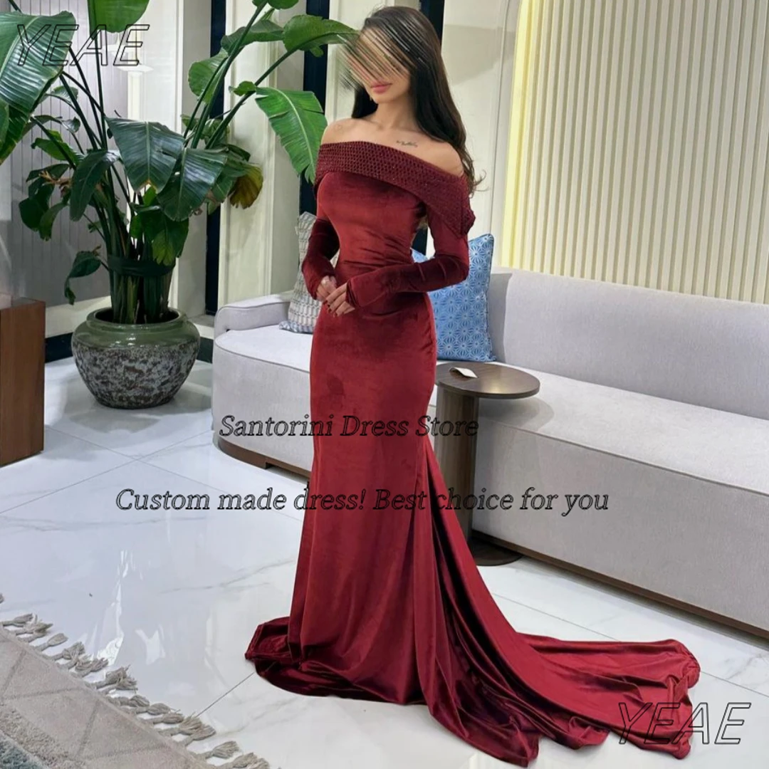 

Santorini Burgundy Velour Mermaid Evening Dresses Bateau Neck Formal Party Gowns Long Sleeves Prom Dress Saudi Arabia