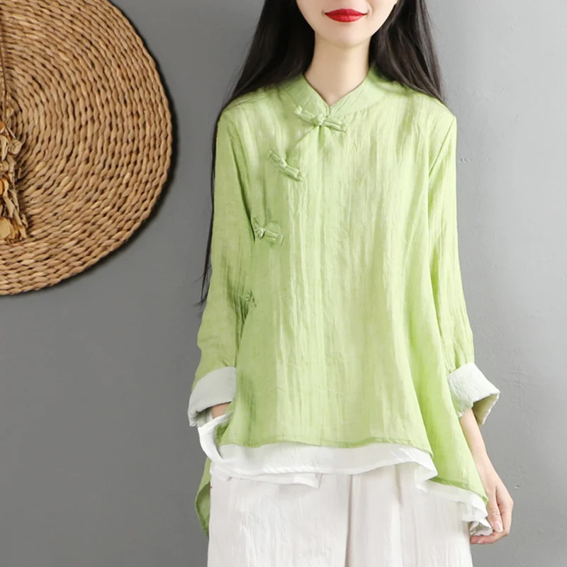 

Chinese Vintage Women Blouse Traditional Clothing Solid Hanfu Tops Spring New Elegant Loose Shirt Cotton Linen Zen Long Sleeves