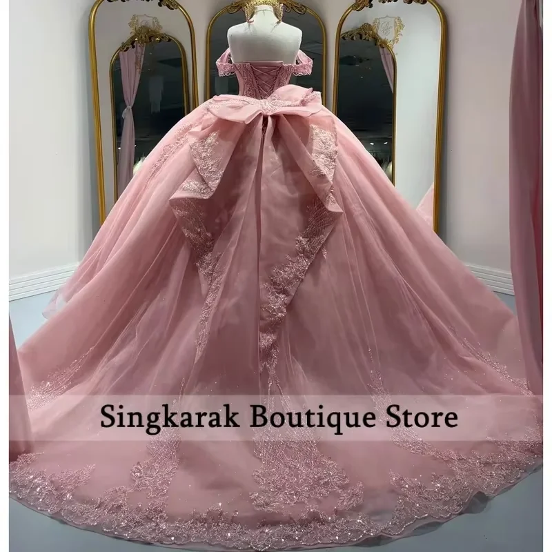 Customized 2026 Shiny Beading Pink Ball Gown Quinnceanera Dresses Off The Shoulder Bow Lace For Prom Party Vestidos De 15 Años