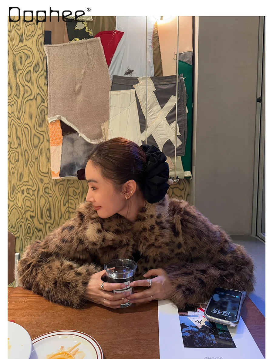 Abrigo de piel ecológico con estampado de leopardo para mujer, abrigo de longitud media coreano Chic a la moda con cuello vuelto, abrigo de piel cálido y grueso holgado y delgado