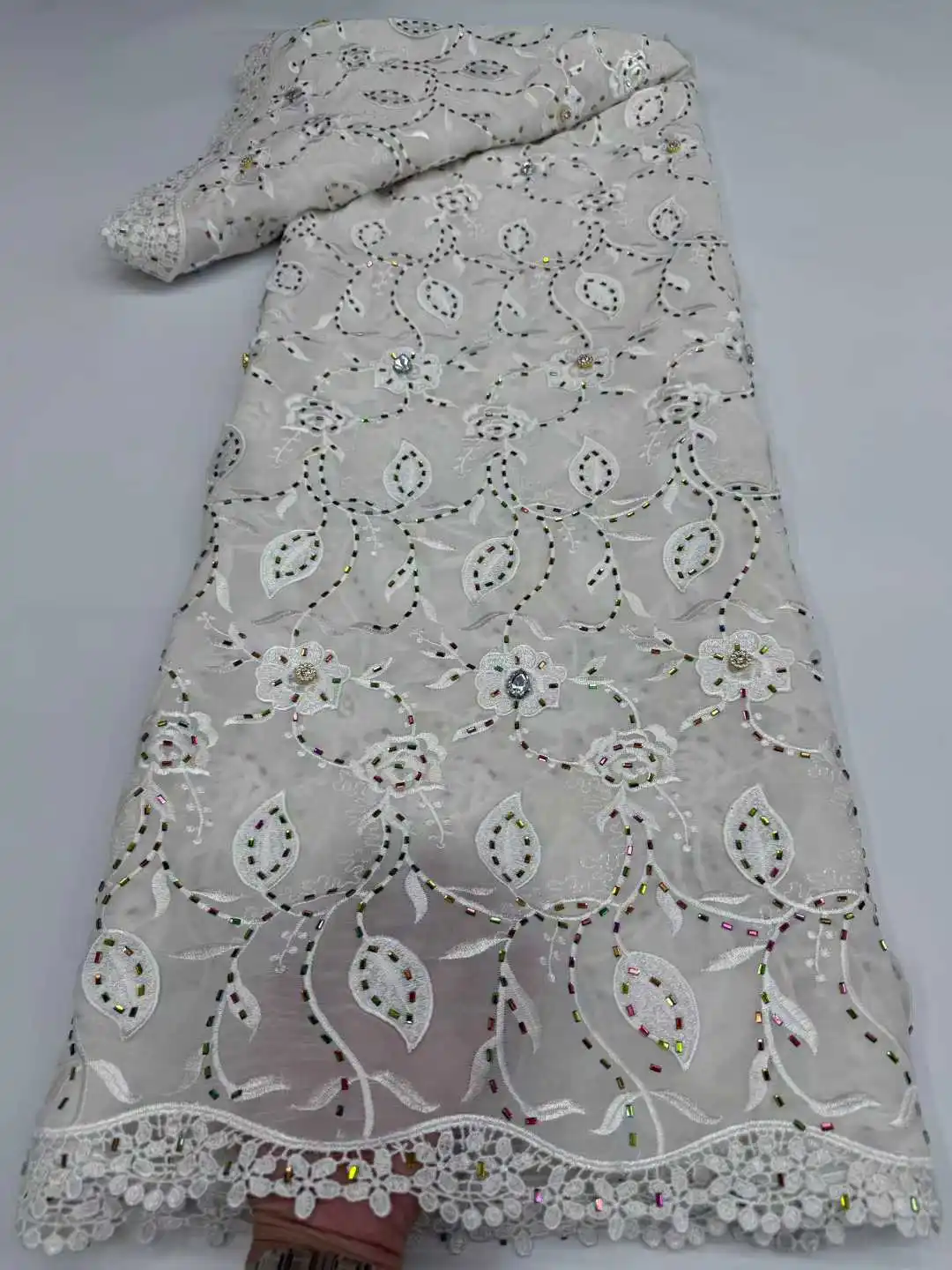 

2025 African Nigerian High-Quality Sequins Embroidery Tulle Lace Fabric Sewing chiffon Stone for Prom Dresses 5Yards RFA65TY