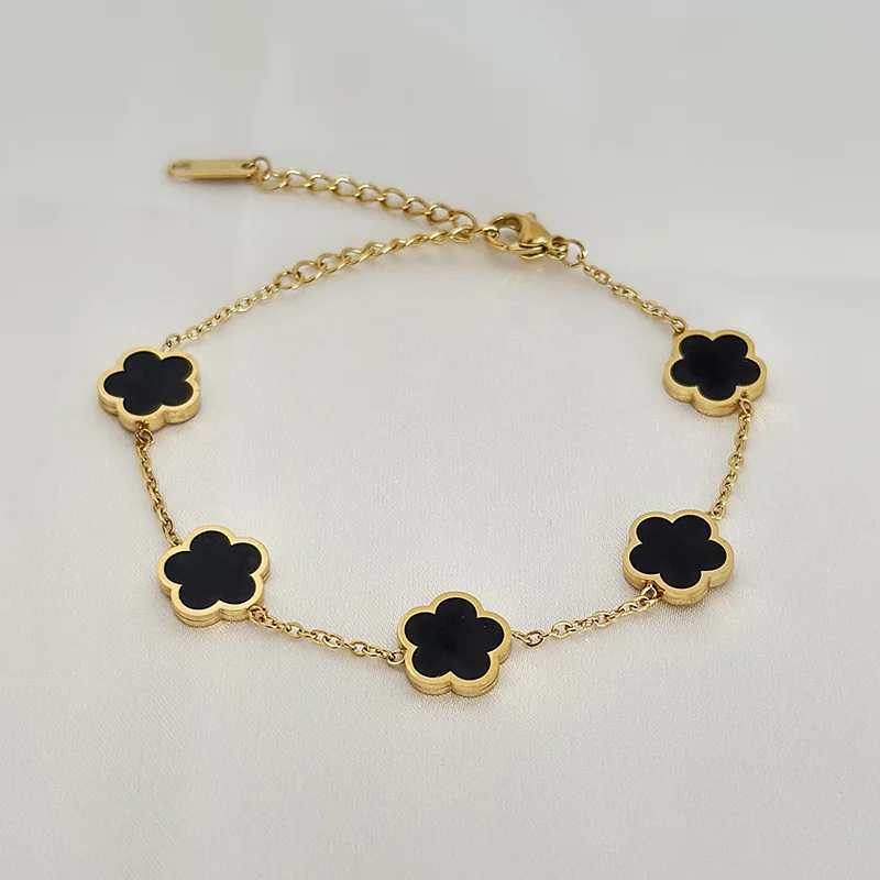 2023 New Luxury Green Flower Charm Bracelet for Women Gift High Quality Gold Color Stainless Steel Clover Bracelet Jewelry