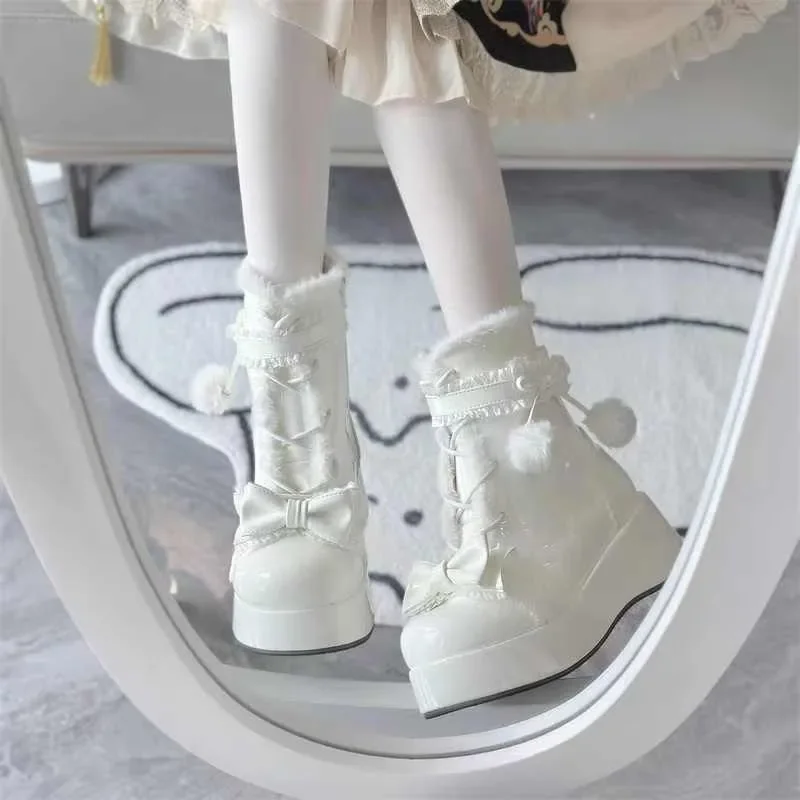 Sweet Winter Girls Lolita Mid-Calf Snow Boots,Cute Female Students Plush Warm Bowknots Lace Up Wedge Heel Heightening Shoes