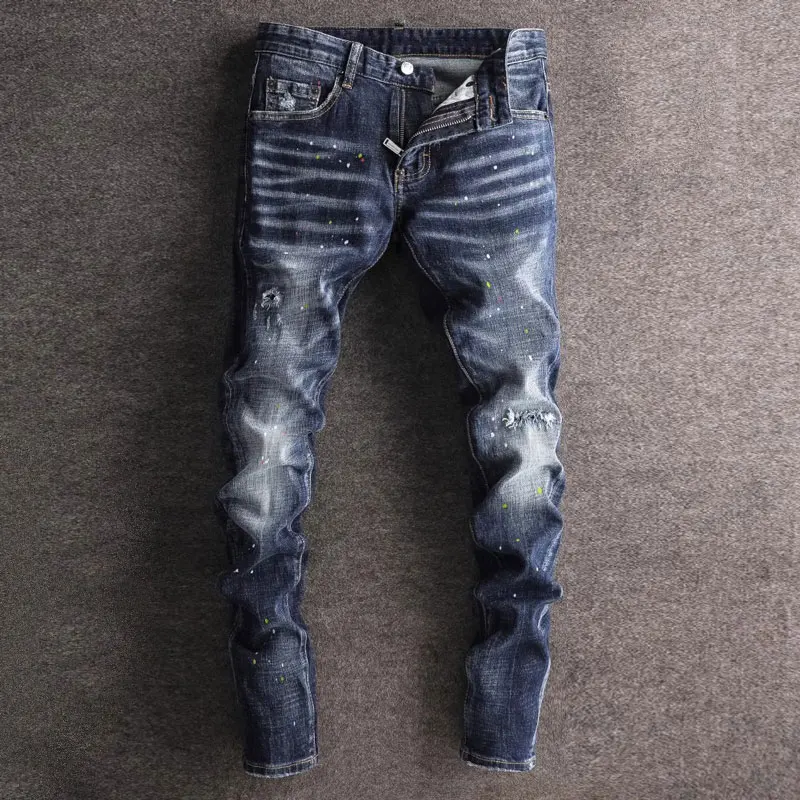 

Street Fashion Men Jeans High Quality Retro Washed Blue Stretch Skinny Fit Ripped Jeans Men Painted Designer Hip Hop Brand Pants