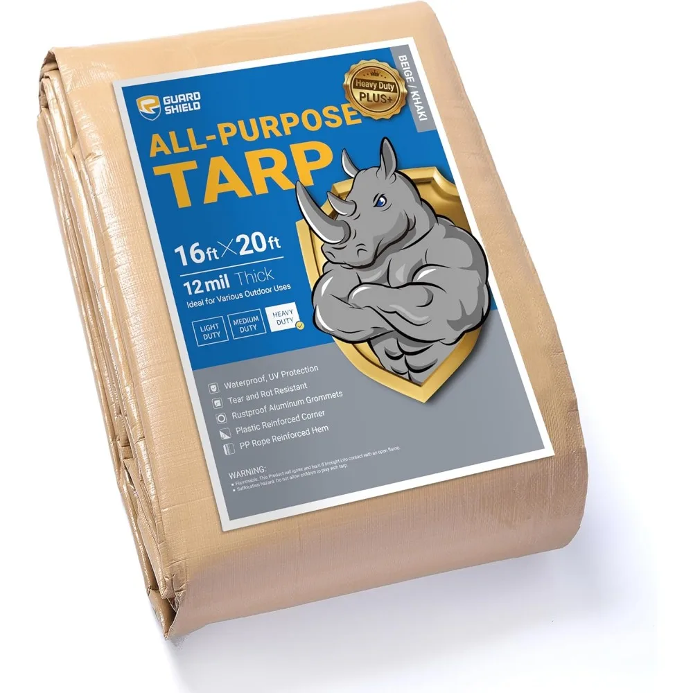 

Beige Heavy Duty Tarp 16x20 Feet, 12mil Thick Outdoor Tarpaulin Cover with Rustproof Grommets
