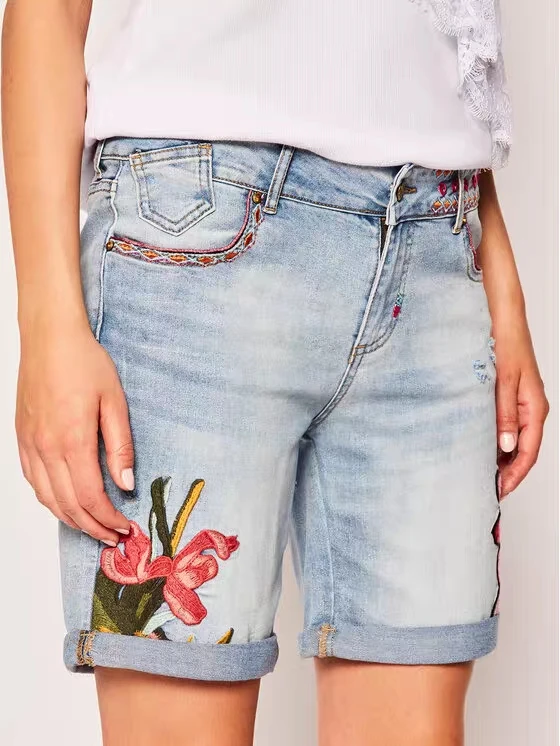 Foreign trade original single Spanish summer beautifully embroidered women's denim shorts