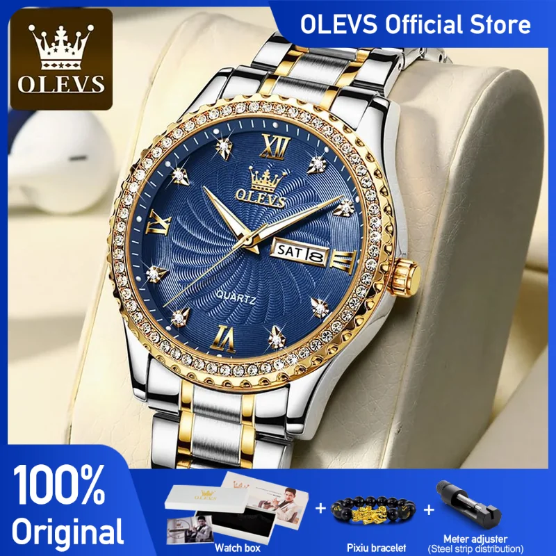 OLEVS Men\'s Watches Shiny DIamond Threaded Dial Original Quartz Wrist Watch for Man Waterproof Luminous Reloj Date Week Trend