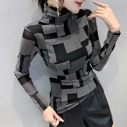 Thin Mesh Bottoming Top Women T-shirt Fashion Print Half High Collar T-shirt Long Sleeve Jumpper Pull Autumn Female Tees Top