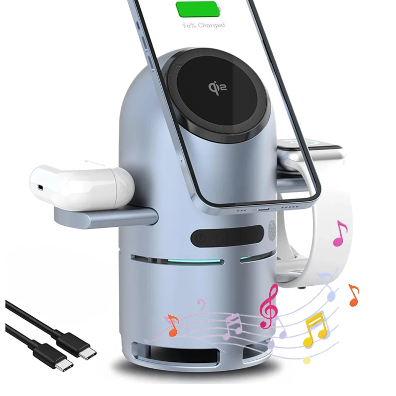 

Магнитная беспроводная зарядная станция с динамиком Bluetooth и автоматическим вращением для iPhone 17, 16, 15, 14, 13, 12 Pro Max Apple Watch AirPods