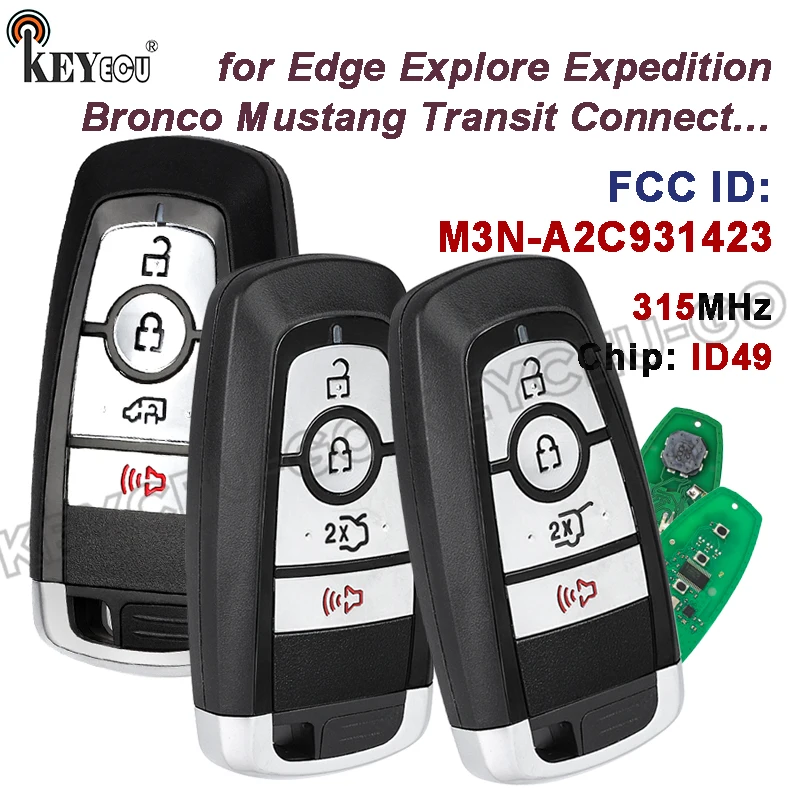 

KEYECU 315MHz ID49 Chip M3N-A2C931423 for Ford Edge Explore Expedition Bronco Mustang Transit Connect Smart Remote Key Fob