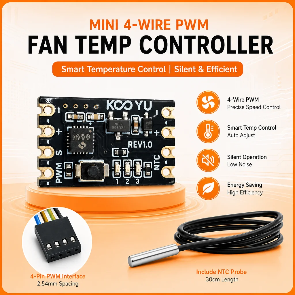 Mini 4-Wire PWM Fan Temp Controller DC 5-15V Tiny Speed Regulator with 30cm NTC Probe Silent Automatic Speed Control