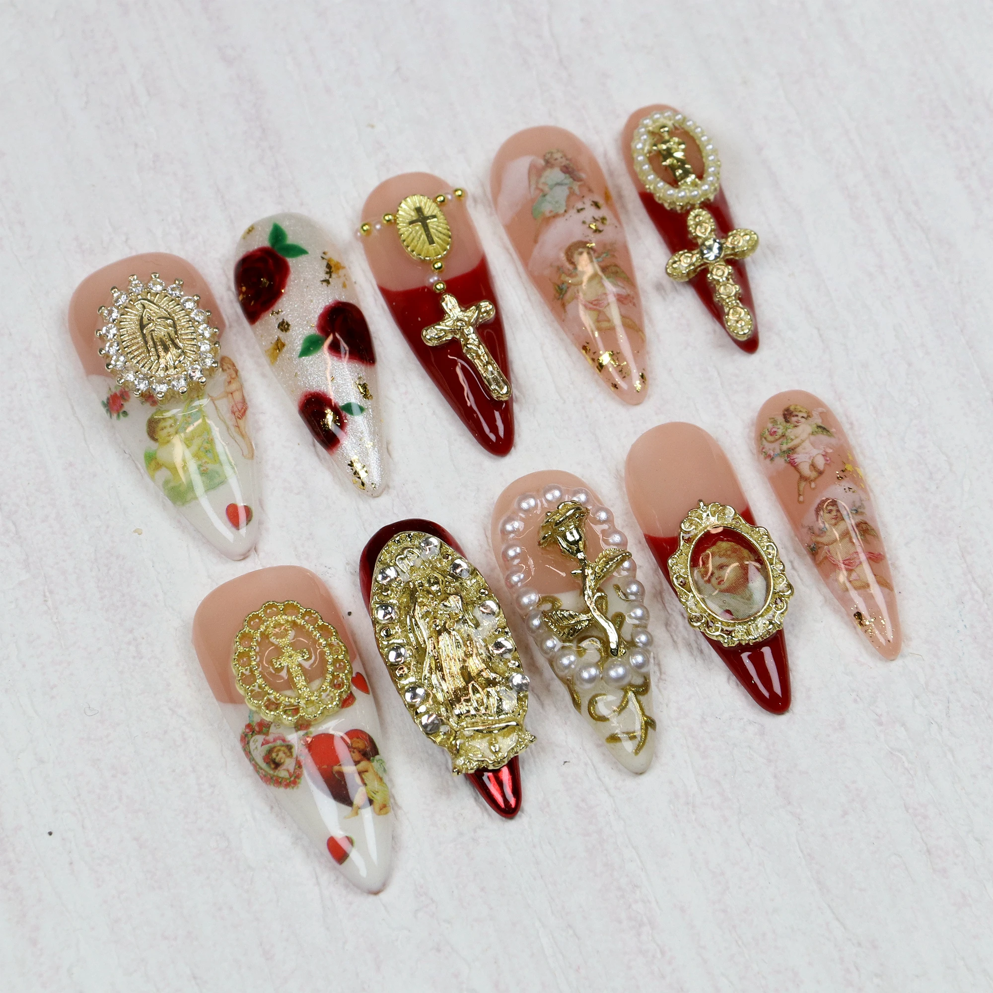 10 pièces de luxe longue Stiletto presse sur les ongles, conception personnalisée Chrome or croix vierge marie Nail Art catholique peint à la main ongles