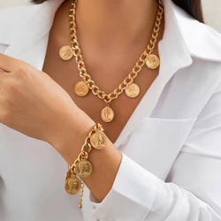 Salircon Exquisite Female Relief Coin Pendant Choker Necklace Bracelet Women Simple Luxury Party Banquet Fashion Jewelry Sets