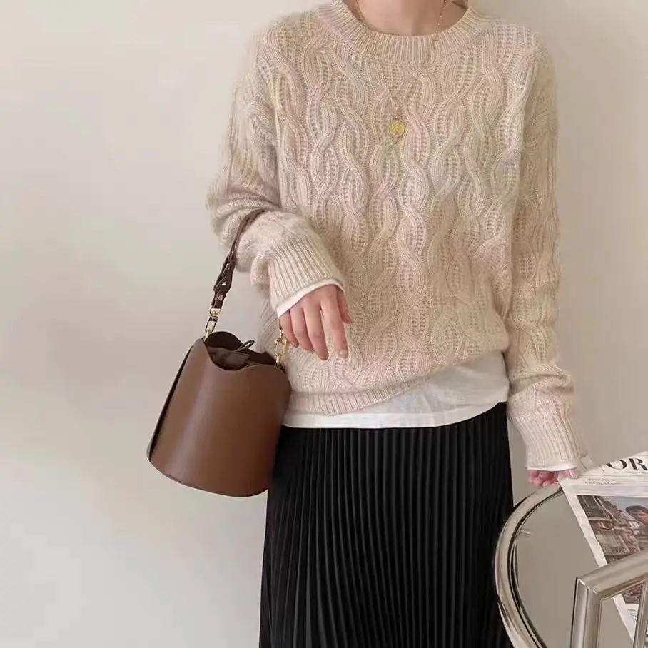 

100% Merino Wool Women's Round Neck Pullover Autumn Winter Thick Loose Casual Fashionable Knitted Cashmere Sweater