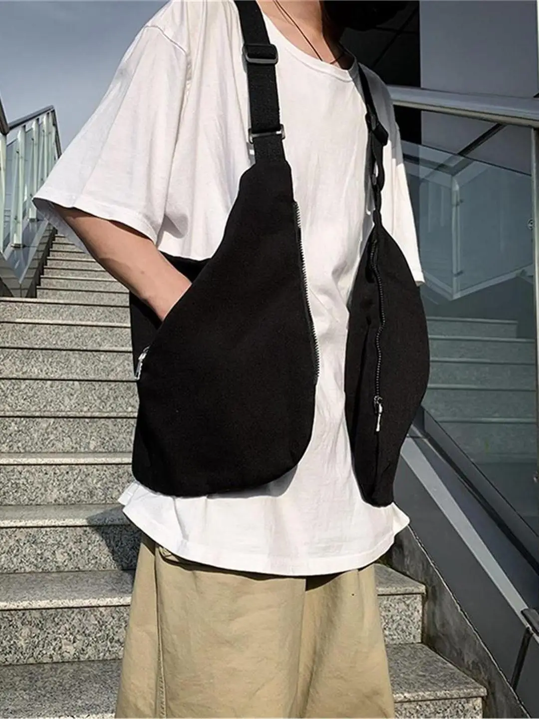 

2026 New Faionable Harajuku Canvas Workwear Bapa Multifunctional Crossbody Vest Bag Leisure Casual Zipper Closure ex