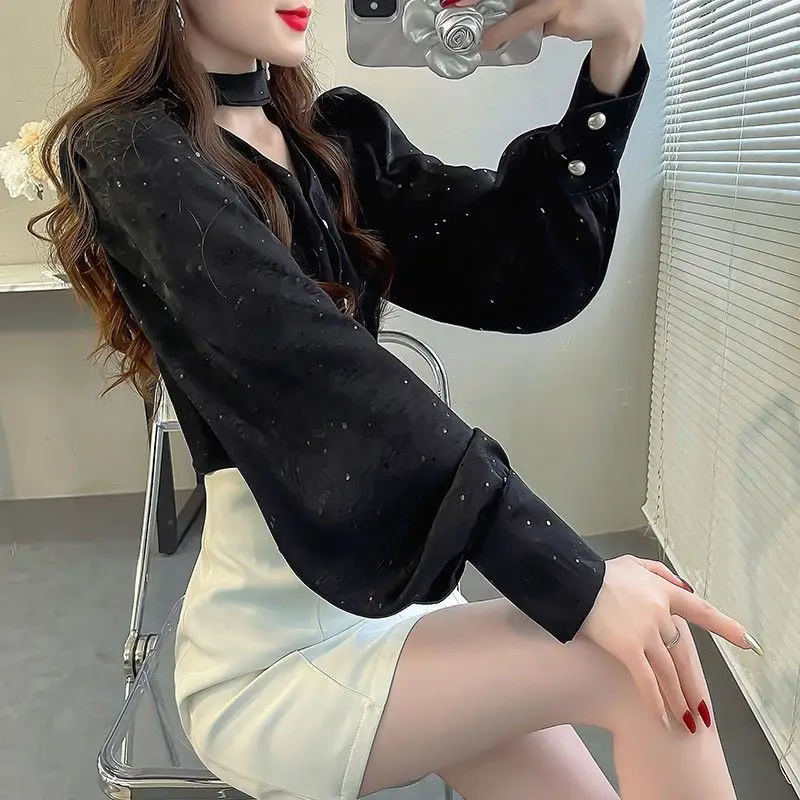 Temperament V Neck Lacing Button Shirt Tops Spring Autumn New Long Sleeve Sequined Elegant Blouse Fashion Sexy Women Clothing