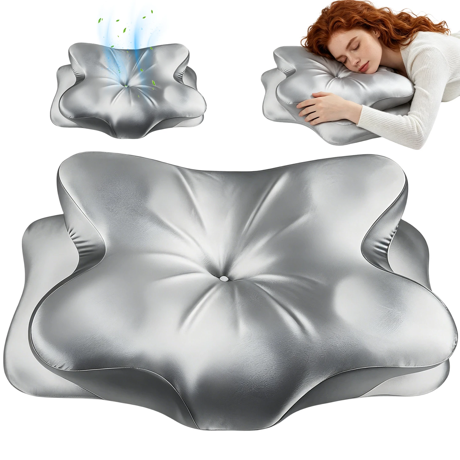 1 oreiller papillon en coton à mémoire de forme épaissi, équipé d'une taie d'oreiller gris argenté, design ergonomique, adapté aux dormeurs latéraux et sur le dos.