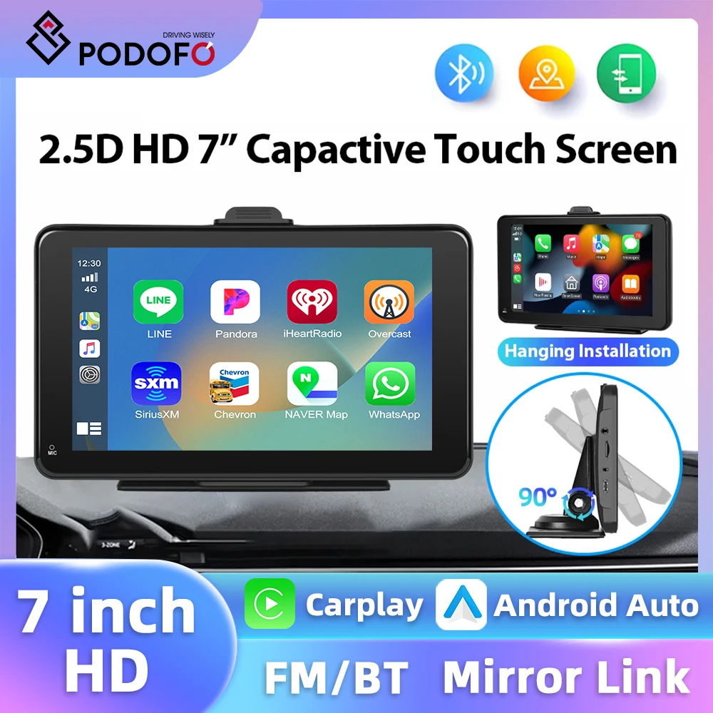 Podofo 7'' Touch Screen Car DVR Dashboard Carplay Android Auto Smart Screen Player FM BT WIFI AI Voice Rear View Car Monitor