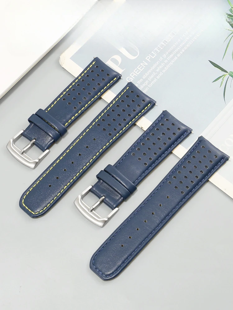 For Citizen Blue Angel 1 2 Generation Air Eagle At8020/Jy8078 Steel Buckle 22 23 Blue Yellow Line Genuine Leather Watch Strap