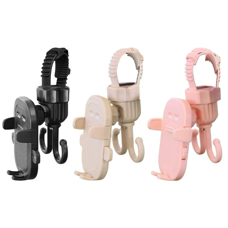 

Multipurpose Pram Hook Double Hanger Organsier Phone Stand Holder Clamp with Easy Clamping Strollers Attachment G2TD