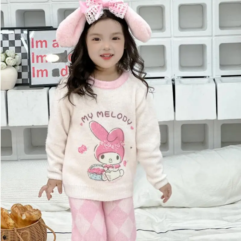 Anime Sanrios My Melody Cinnamoroll Kuromi Pochacco Kawaii Warm Kids Home Pajamas Suit Cute Girl Boy Sweater Set Toddler Clothes