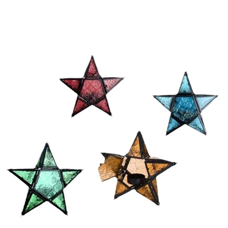 1 قطع الرجعية الحديد الزجاج الملون الرياح مصباح الخماسية نجمة يندبروف الشمعدان الشمعدان زخارف للحانات شنقا الديكور #5