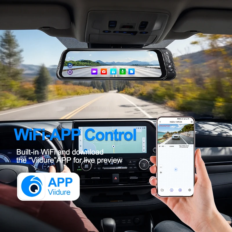 3 Channel WiFi Dashcam Car Mirror DVR 9.66 Inch Touch Screen 4K Mirror Dash Cam Black Box Driving Recorder, Support G-Sensor GPS