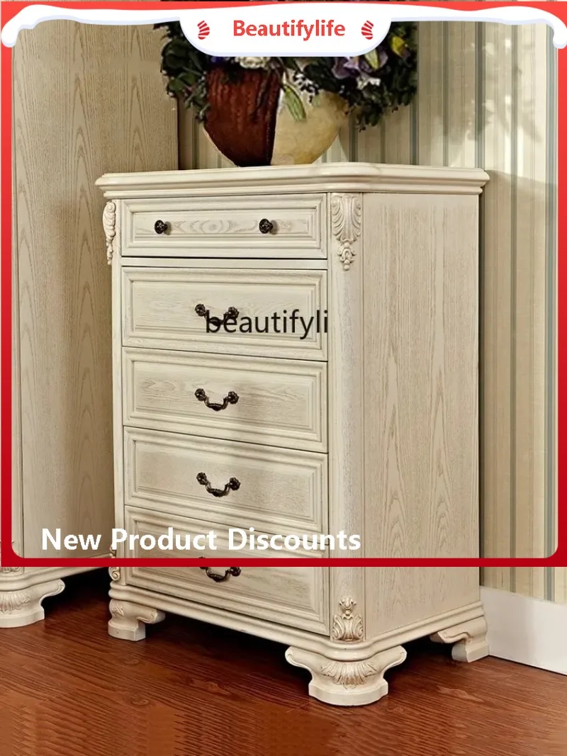 

A357 American Light Luxury Solid Wood Chest of Drawers Modern Minimalist Bedroom Distressed Carved Storage Cabinet French Retro