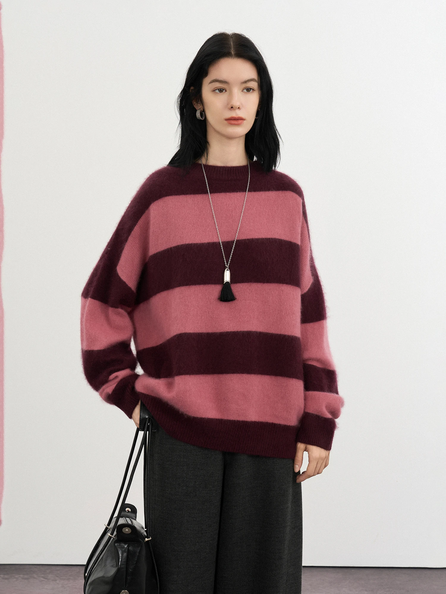 

CLMX Retro Striped round Ne Long Sve Knitted Sweater 00% Woolen Yarn Autumn Winter Commute Top Women Casual Sle