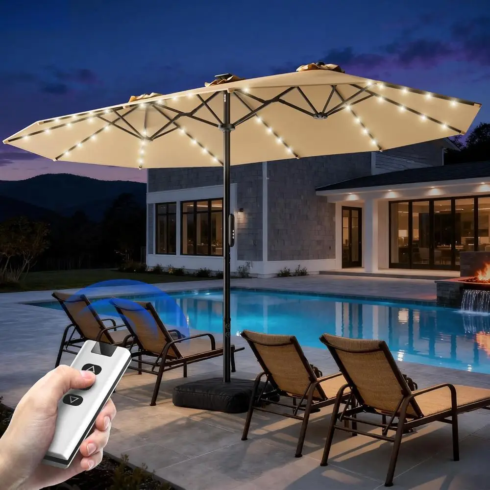 

15T Motorized Electric Double-Sided with Remote Control, Large Patio Umbrella with Base and r Lights Outdoor, RecUmbrella, 30° A