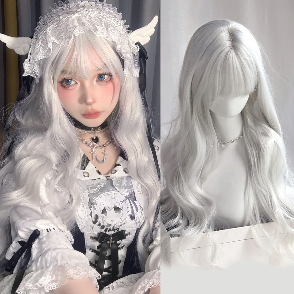 Long Wavy Silvery White Wigs with Bangs Synthetic Lolita Cosplay Natural Wigs for Women Daily Party Halloween Wig Heat Resistant