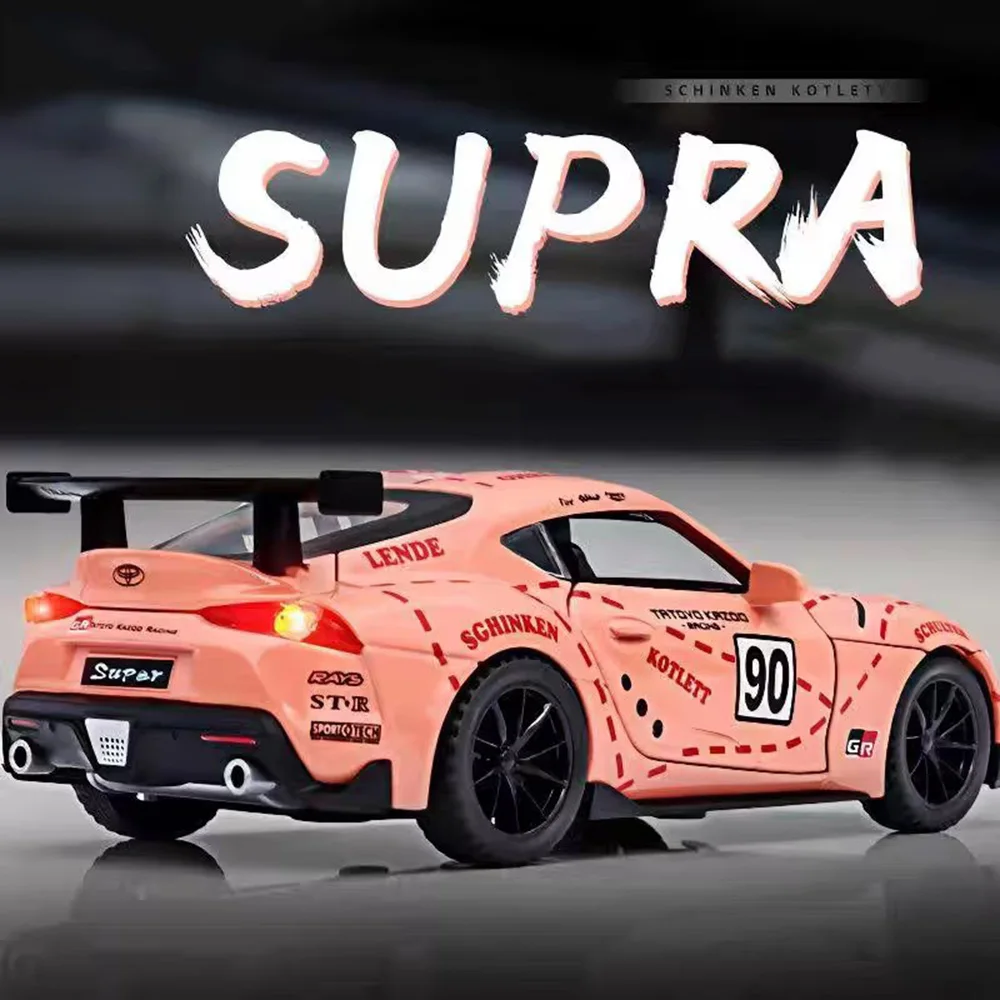 

1/32 SUPRA GT4 Car Model Toys Alloy Diecast Concept Sports Car 4 Doors Opened Rubber Tire Sound Light Pull Back Toy Gift for Kid