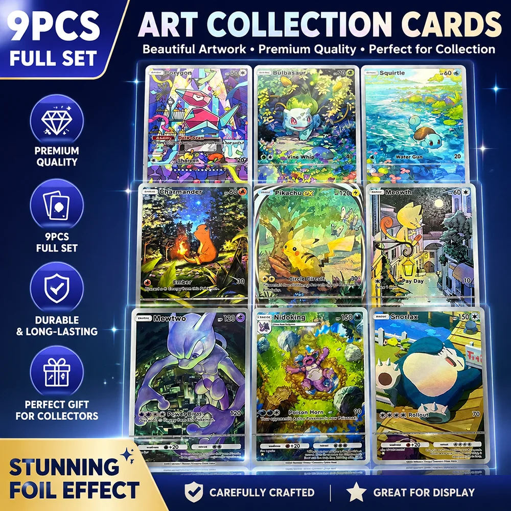PTCG Anime 9-teiliges Sammelkarten-Set Mewtwo Snorlax Charmander Bulbasaur Charakterkarten Farbige Ausführung Geschenkkollektion
