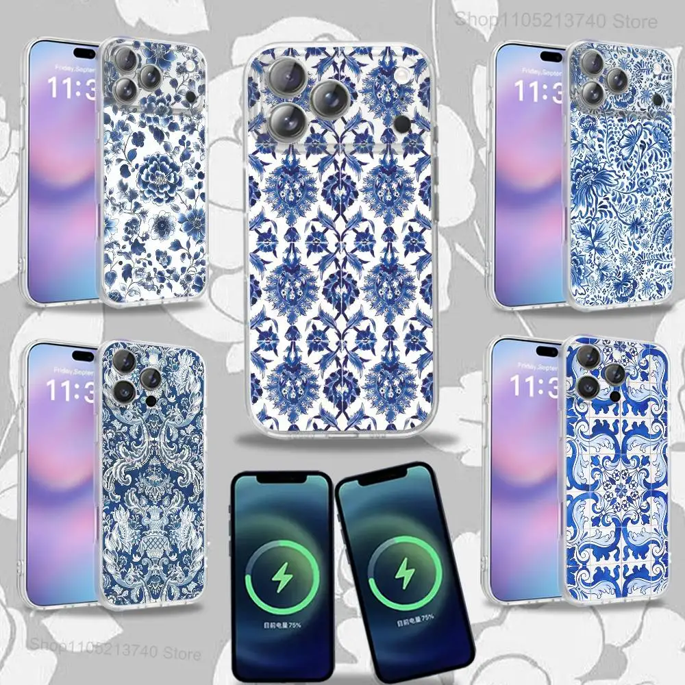 حافظة هاتف P-Porcelain B-Blue and White لهاتف iPhone 15,12,11,14,13,17,16,Plus,Air,Pro,Max,E,Mini for Magsafe Magnetic Frosted