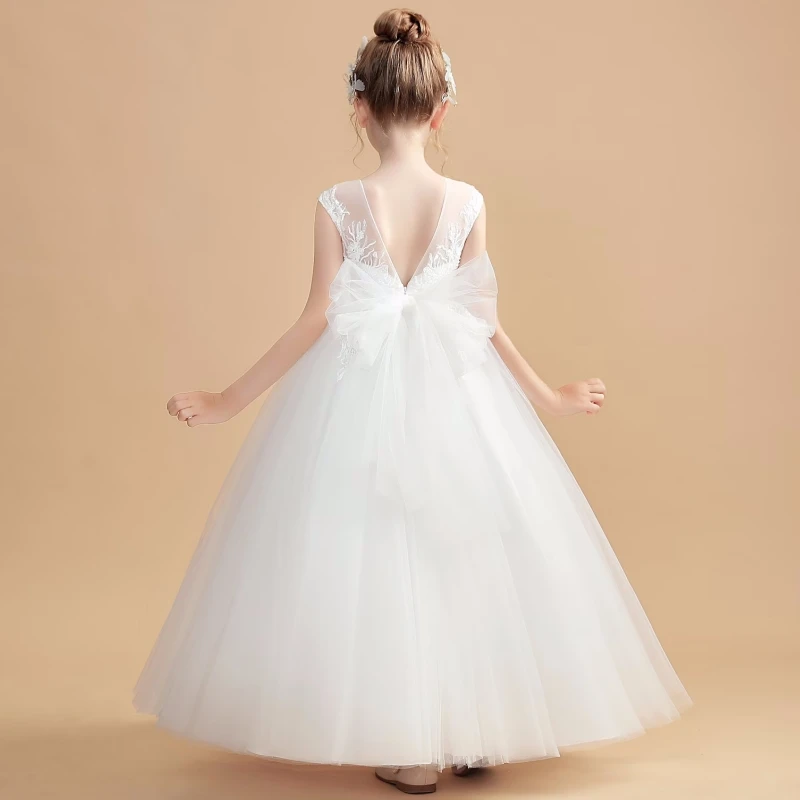 Robes de demoiselle d'honneur en tulle blanc, appliques gonflées avec nœud en fibre pour mariage, fête d'anniversaire, sainte cène, quoi que ce soit