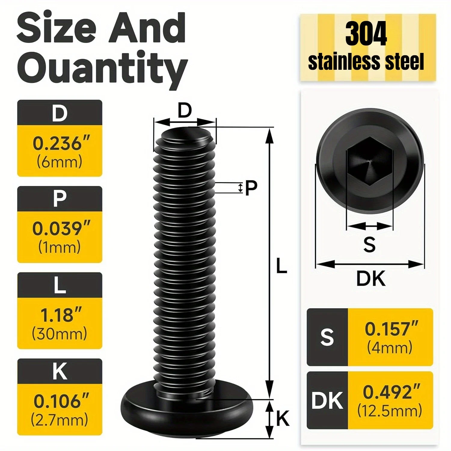 GOSUNDA 10/20 Piece Flat Head Hexagon Bolts, M6x10-50mm、M8x10-50mm, 304 Stainless Steel Furniture Bolts Full Thread, Black Oxide