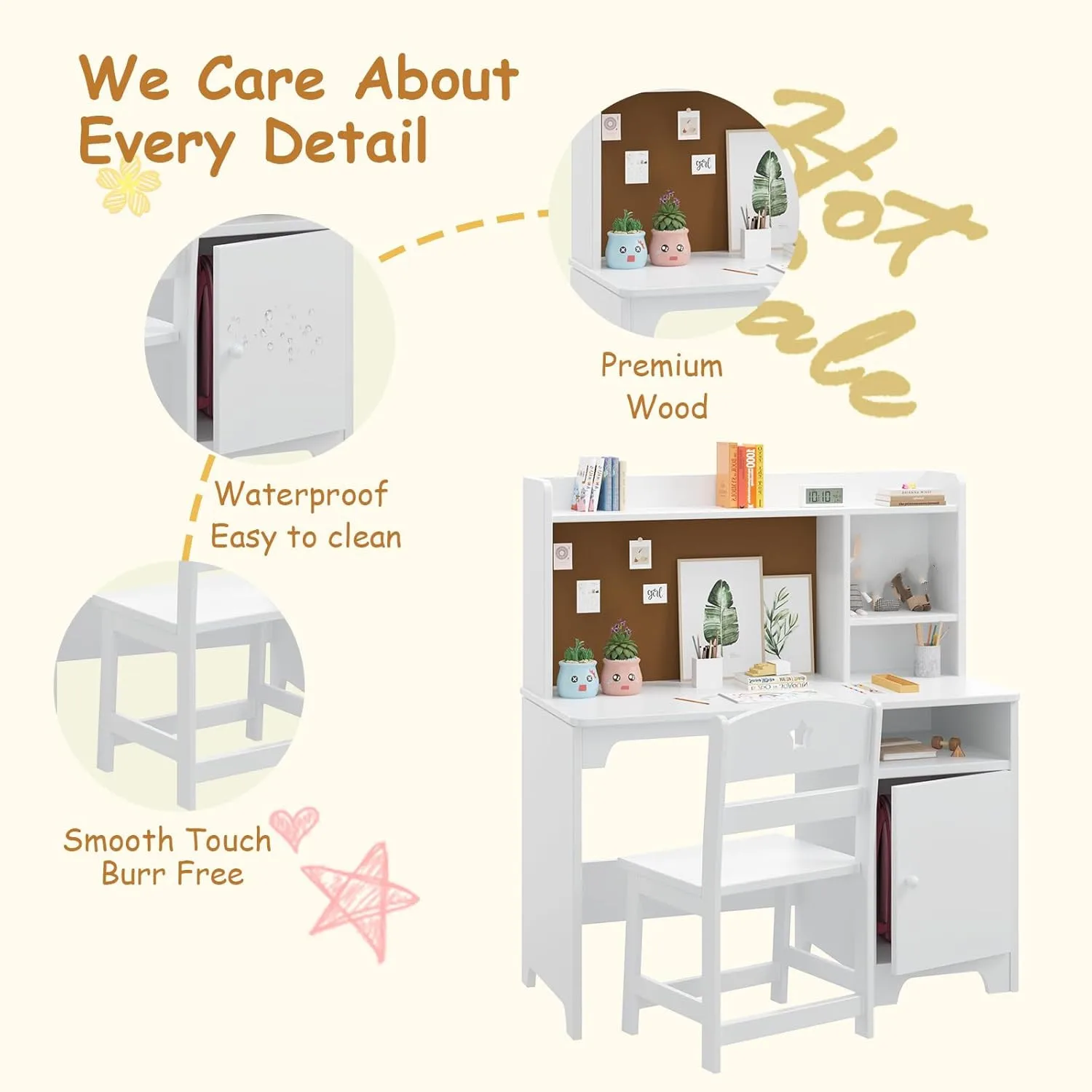 Kids Desk and Chair Set,Study Desk for Kids with Hutch, Storage Cabinet, Wooden Children Study Table, Student Writing Desk