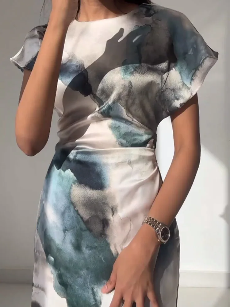 TRAFZA Women Vintage Tie Dye Print Short Sleeve Party Midi Dress Female Elegant O-Neck Back Zipper Silk Texture Evening Dresses