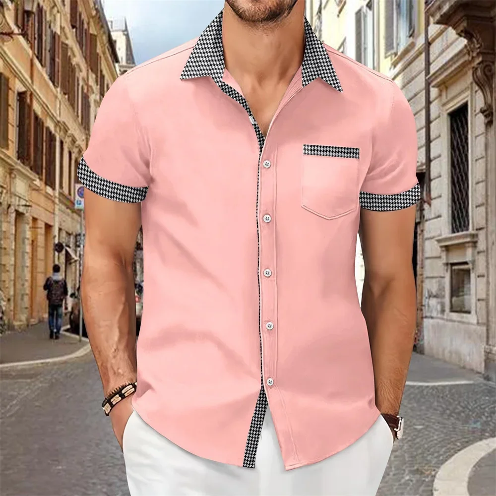 Men\'s Short Sleeve Button Shirt, Short Sleeve, Flip Collar, Casual Hawaiian, Solid Color, Comfortable, Summer, 2024